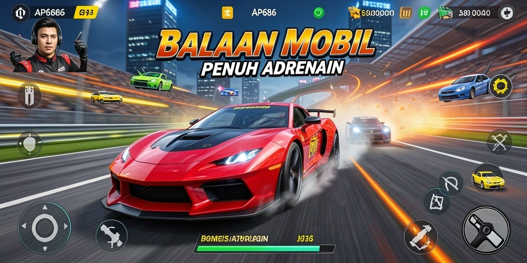 Tampilan gameplay balapan mobil yang seru dan mendebarkan.