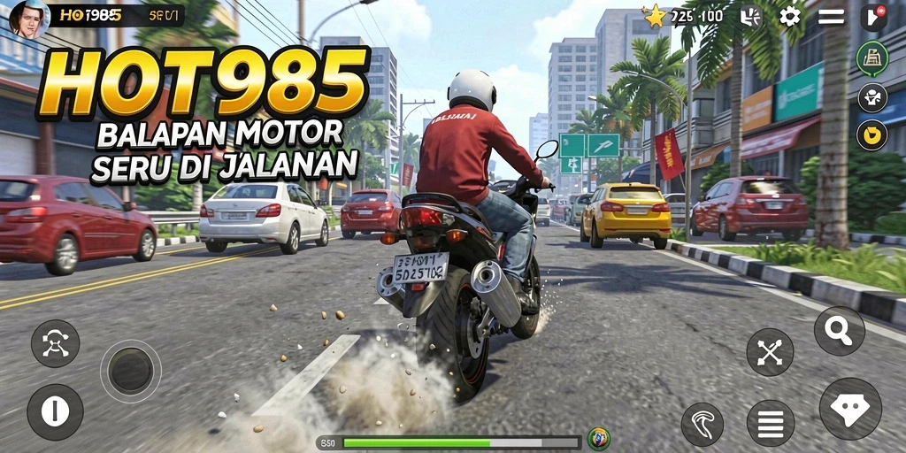 Screenshot HOT985 menampilkan aksi balapan motor yang mendebarkan.