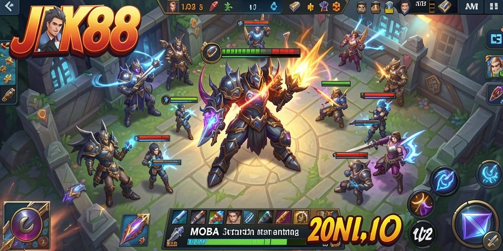 Screenshot utama JKT88 menampilkan karakter dalam aksi pertarungan MOBA.