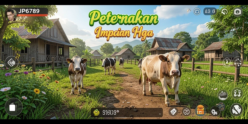 Screenshot permainan JP6789 menunjukkan ladang subur penuh tanaman.