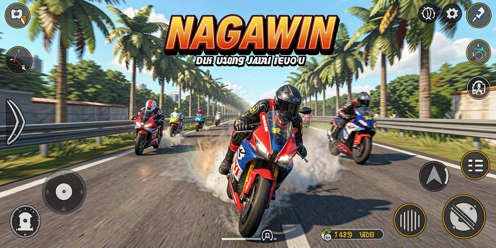 Gameplay NAGAWIN, balapan motor yang mendebarkan dan seru.