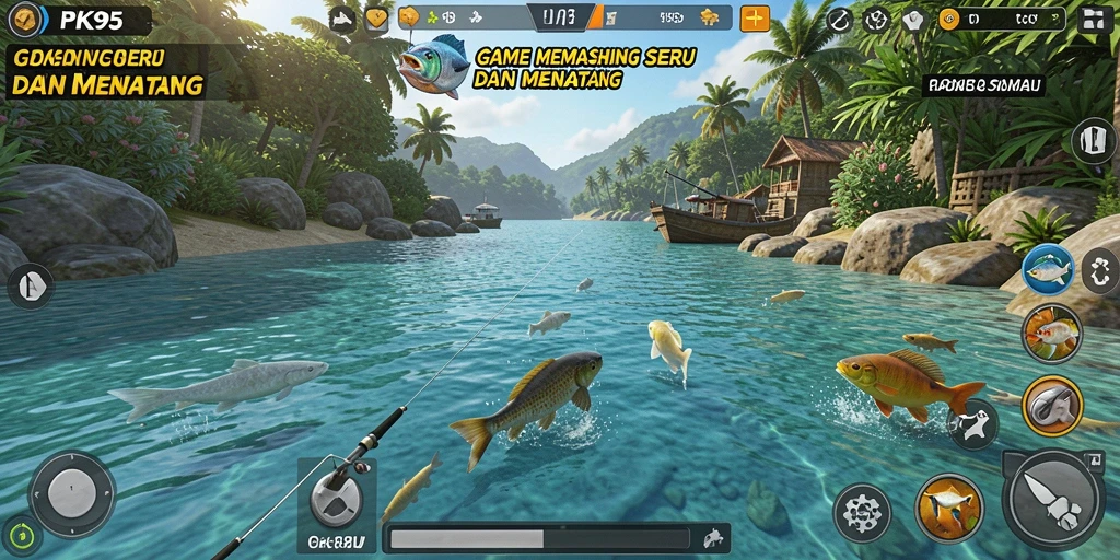 Tampilan gameplay PK95 yang mendebarkan saat memancing ikan.