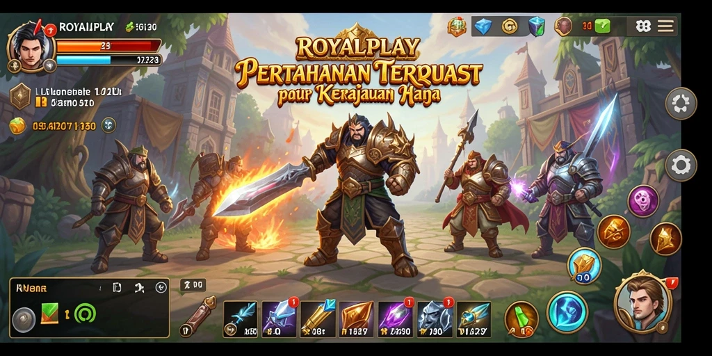 Screenshot gameplay ROYALPLAY menampilkan aksi menakjubkan di arena pertahanan.