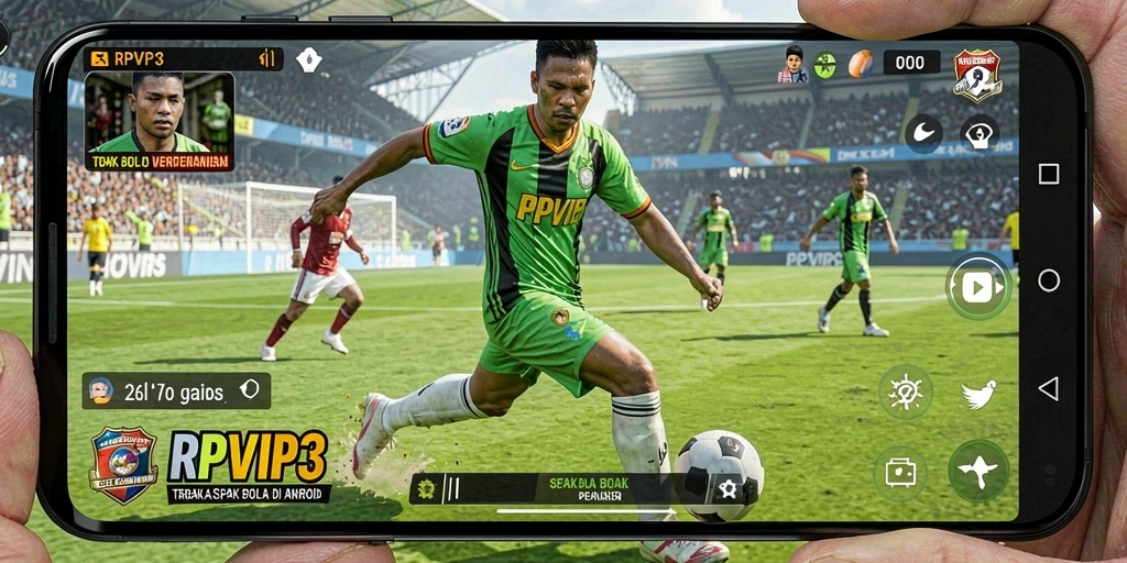 Screenshot gameplay RPVIP3 menampilkan aksi seru di lapangan sepak bola.