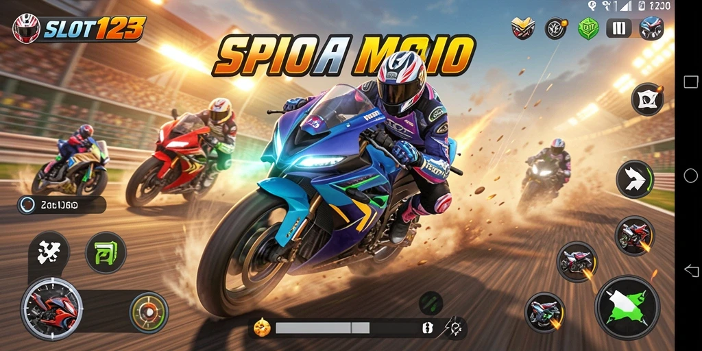Screenshot <strong>SLOT123</strong> menampilkan balapan motor yang mendebarkan di lintasan yang menantang.