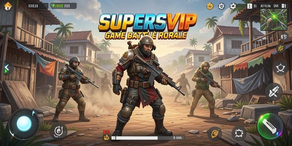 Tangkapan layar gameplay SUPERSVIP yang menampilkan aksi Battle Royale yang mendebarkan.